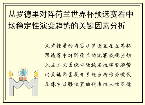 从罗德里对阵荷兰世界杯预选赛看中场稳定性演变趋势的关键因素分析