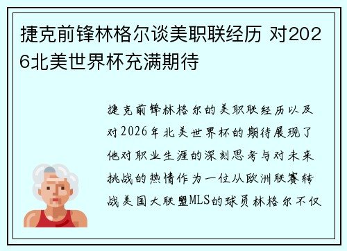 捷克前锋林格尔谈美职联经历 对2026北美世界杯充满期待