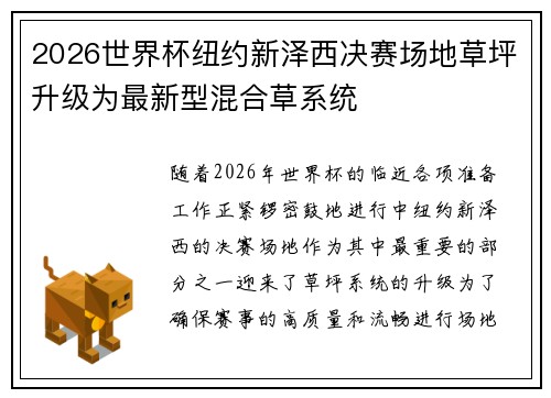 2026世界杯纽约新泽西决赛场地草坪升级为最新型混合草系统
